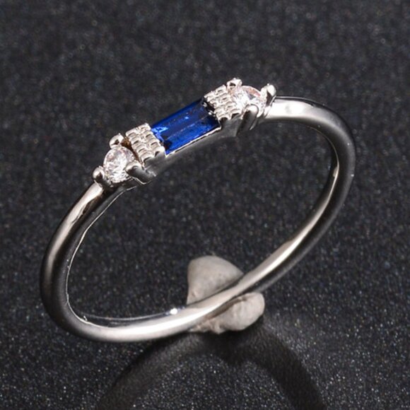 Silver Blue Chic Rectangle Round Gems Dainty Ring for Women, VIP182 - Picture 1 of 3